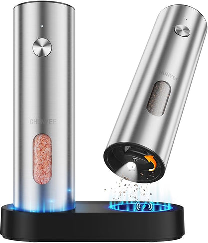 Electric Salt and Pepper Grinder Set with Rechargeable Base - Upgraded Large Capacity, Refillable Pepper Mill Set with LED Light & Adjustable Coarseness, Ideal for Kitchen, Outdoor, BBQ & Gift Giving by Chunyee