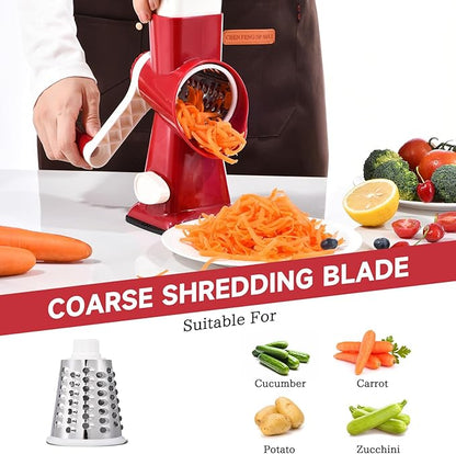 Rotary Cheese Grater with Handle Kitchen Shredder Slicer Grater Slicer Ice Shaver Cheese Vegetable Nuts Potato Zucchini Chocolate 3 Interchangeable Blades (RedWhite) - Image 4