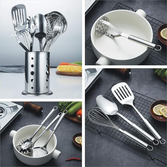 Berglander Cooking Utensil Set 8 Piece, Stainless Steel Kitchen Tool Set with Stand,Cooking Utensils, Slotted Tuner, Ladle, Skimmer, Serving Spoon, Pasta Server,Potato Maseher, Egg Whisk. （8 Pieces） - Image 6
