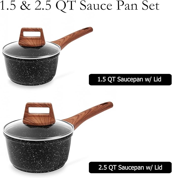 ESLITE LIFE 1.5 QT & 2.5 QT Sauce Pan Set with Lids, Nonstick Small Soup Pot Compatible with All Stovetops (Gas, Electric & Induction), PFOA Free, Black - Image 2