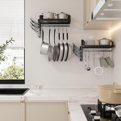 X-cosrack Pot Racks Wall Mounted Set of 2,with Towel Bar and Pots Pans Lids Organizer, Kitchen Cookware Hanging Shelves with 12 Hooks, Black - Image 3