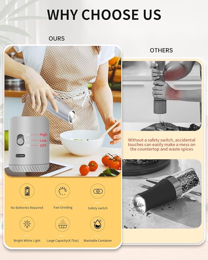 CIRCLE JOY 2-Speed Gravity Electric Pepper Grinder, Rechargeable Salt Grinder Pepper Mills, Adjustable Coarseness, White LED Light, 135ML Large Capacity, Silver - Image 2