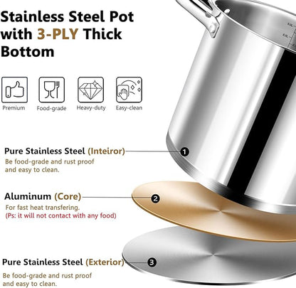 P&P CHEF 10 QT Stock Pot with Lid, Stainless Steel Large Cooking Pot, Soup Canning Stockpot for Stewing Simmering, Tri-ply Bottom for All Stoves, Heavy-Duty &Dishwasher Safe & Food-Grade - Image 4