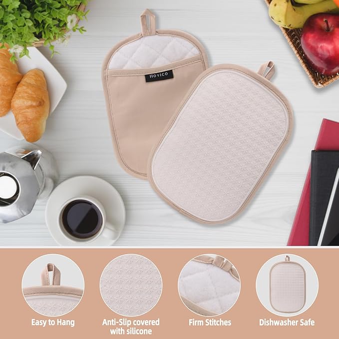 Hovico 2PCS Silicone Pot Holders, Oven Mitts Heat Resistant Hot Pads with Pockets, Non Slip Pot Holder for Kitchen Baking and Cooking| 9.8 x 7 Inches | Towel Cloth Interior Lining - Milkshake - Image 3
