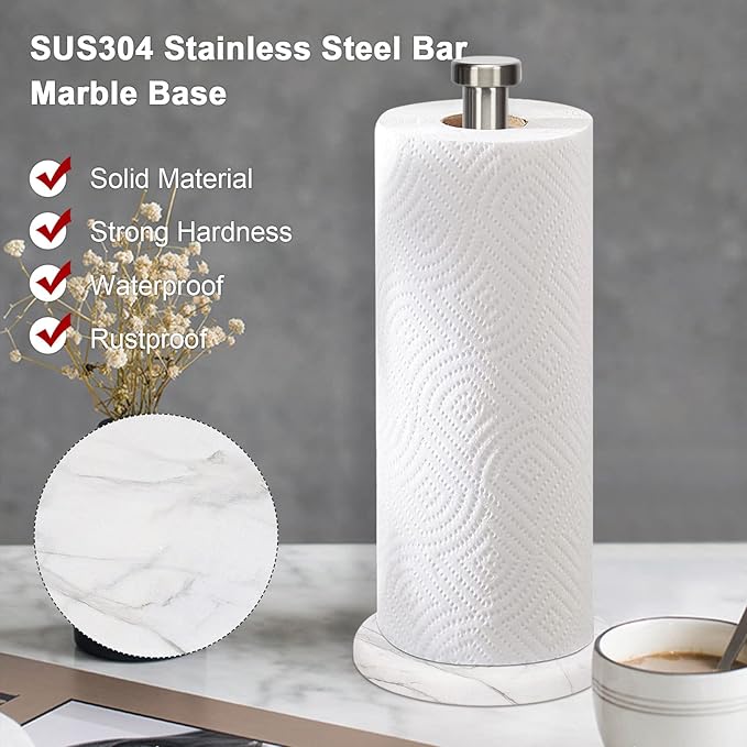 NearMoon Standing Paper Towel Holder, Kitchen Paper Towel Tissue Holder- for Bathroom Kitchen Countertop, Standard or Jumbo-Sized Roll Paper (with Marble Base, Brushed Nickel) - Image 4
