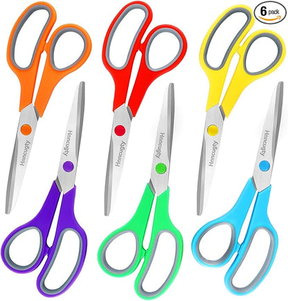Scissors, Hnncugty 8" Scissors All Purpose Bulk Set of 6-Pack, Sharp Shears for Office Home Craft Sewing Fabric, High/Middle School Supplies Student Teacher Supplies, Comfort Grip Right/Left Handed by Hnncugty