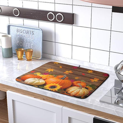 AutumnThanksgiving Pumpkin Dish Drying Mat for Kitchen Counter 16x18 Inch Fall Sunflowers Maple Leaves Harvest Kitchen Drying Mat Microfiber Super Absorbent Dish Rack Drainer Mat with Hanging Loop - Image 5
