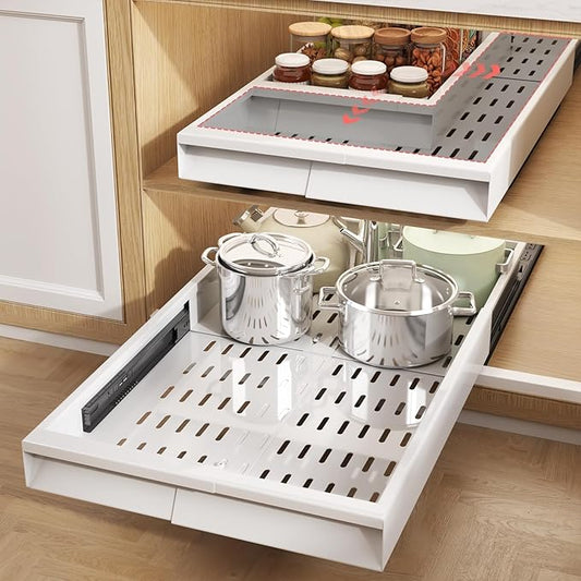 Seinloes 2 Pack Pull Out Cabinet Organizer With Raising Pad for Framed Cabinets,Expandable Width (11"-16") and Depth (17"-24"),3 Slide Rails Slide Out Drawers with Handle,No-Drill Roll Out Shelf,White by Seinloes