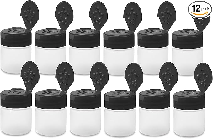 ljdeals 1 oz Plastic Spice Jars with Black Flip & Sift Caps – 12 Pack Empty Spice Bottles for Herbs, Seasonings, Powders, Camping, Travel, Kitchen, Restaurant Use – BPA-Free, Recyclable, Made in USA by ljdeals