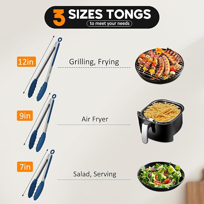 Kitchen Tongs, Stainless Steel Cooking Tongs with Silicone Tips, 600ºF High Heat-Resistant Non Scratch Locking Tongs for Cooking BBQ Grilling Air Fryer Pans, Set of 3 (7" 9" and 12") Navy Blue - Image 3
