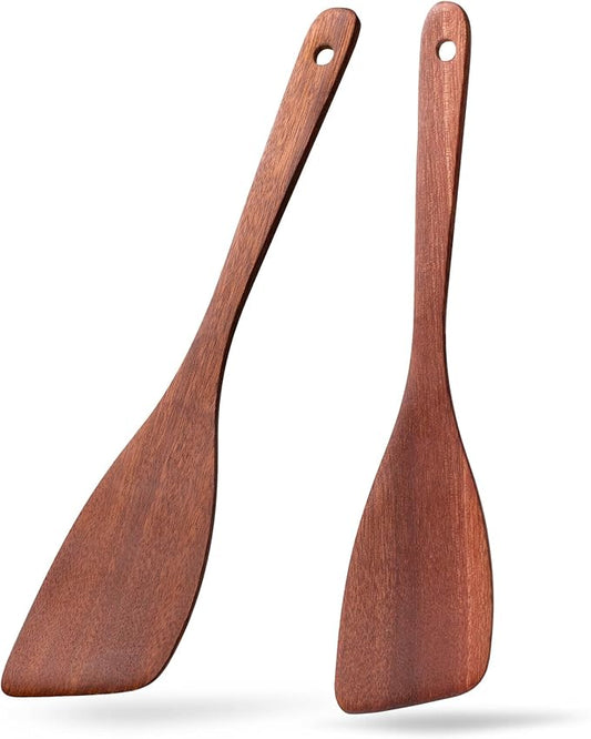 2PCS Wooden Spatulas for Cooking, 12.8inch Coated Mahogany Turners for Frying, Non-Scratch Wood Bevel Spurtle for Pan & Wok, Wooden Cooking Utensils for Non Stick Cookware, Long Handle Scraper by HEFILD