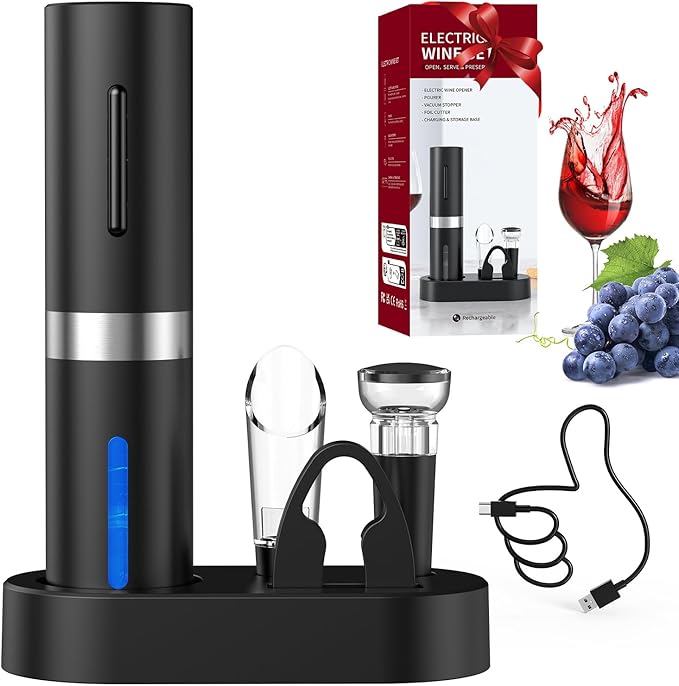 CIRCLE JOY Electric Wine Bottle Opener Set Rechargeable Wine Corkscrew Cordless Wine Set with Charging Base, Foil Cutter, Wine Aerator Pourer and Wine Stopper, Black by CIRCLEJOY