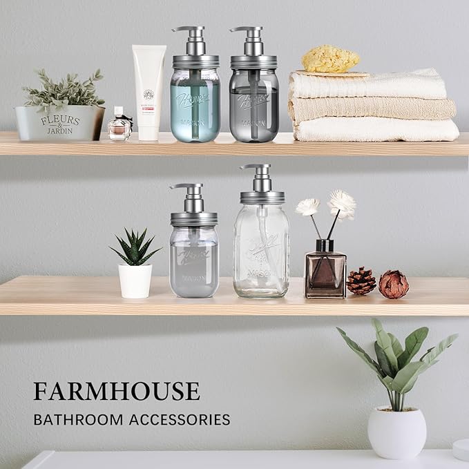 Amolliar Plastic Mason Jar Soap Dispenser with Pump Lid,16OZ Refillable Hand Soap Dispenser Set with Cute Lables - Farmhouse Decor for Kitchen Bathroom, Liquid Soap, Dish Soap, Lotion (2 Pack, Silver) - Image 5