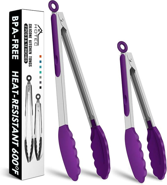 HOTEC Premium Stainless Steel Locking Kitchen Tongs with Silicon Tips, Set of 2-9" and 12" (Purple) by Hotec
