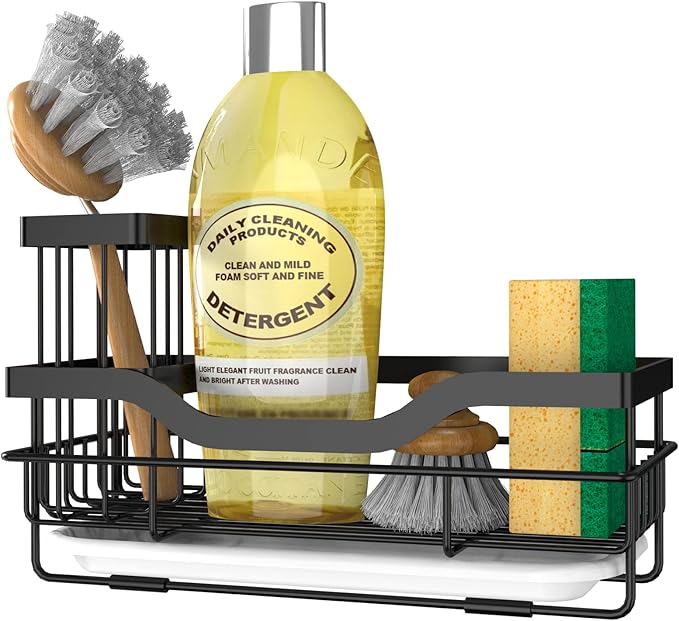 Sponge Holder for Kitchen Caddy Sink Organizer, Multifunctional Rustproof Dish Soap Sponge Caddy for Sink Counter with Detachable Brush Holder & Drain Tray - Storage Kitchen & Home Accessories by VanwoodKtichenExperys