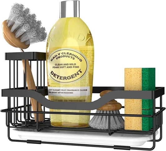 Sponge Holder for Kitchen Caddy Sink Organizer, Multifunctional Rustproof Dish Soap Sponge Caddy for Sink Counter with Detachable Brush Holder & Drain Tray - Storage Kitchen & Home Accessories by VanwoodKtichenExperys