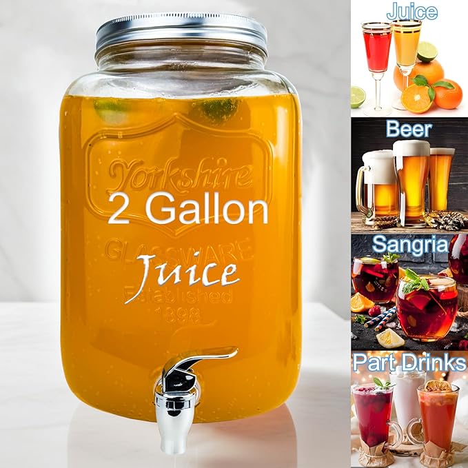 2 Gallon Larger Glass Drink Dispenser for Parties, 2 Packs Juice Lemonade Ice Tea Water Dispenser with Stand, HENABLE Beverage Dispensers with Spigot for BBQ, Picnic, Party - Image 5