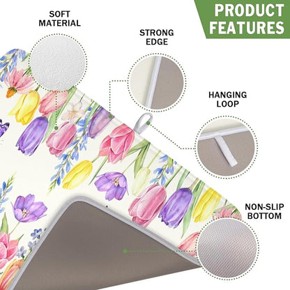 Spring Floral Dish Drying Mat for Kitchen Counter Easter Tulip Lavender Flower Microfiber Dish Drainer Mat Rustic Farmhouse Absorbent Washable Drying Pad 16"x18"