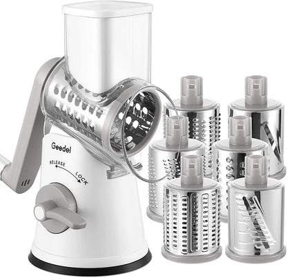Geedel Rotary Cheese Grater Vegetable Shredder With 6 Interchangeable Blades No Slip Suction Base, Mandoline Slicer & Food Chopper for Cheese, Ice, Nuts, Vegetables, Veggie