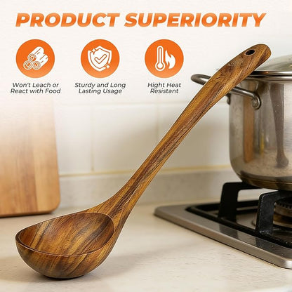 Wooden Ladle, Natural Acacia Wood Soup Spoons for Cooking, Serving, Stirring -12.9in Long, 2.5 oz Large Capacity- Premium Wooden Utensil Spoons for Mom, Wife Cooking Gifts