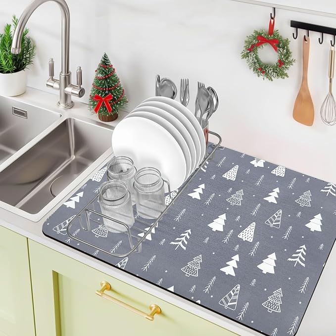 Bloss Christmas Dish Drying Mat, 16"x24" Absorbent Bar Mat with Waterproof Rubber Back, Fit Under Coffee Maker Machine/Kitchen Counter by Bloss