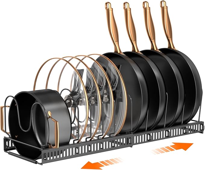 MUDEELA Pots and Pans Organizer Rack for under Cabinet, Expandable 11.81''-22.85'' Pot Lid Kitchen Cabinet Organizer Holder with 10 Adjustable Compartment Cutting Board Organizer for Pan Lid, Bakeware - Image 8