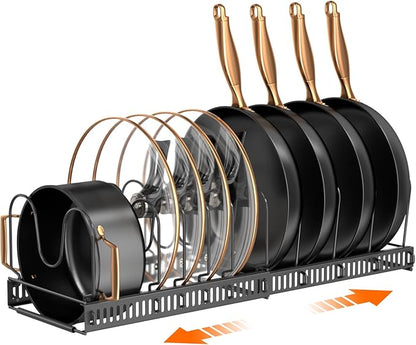 MUDEELA Pots and Pans Organizer Rack for under Cabinet, Expandable 11.81''-22.85'' Pot Lid Kitchen Cabinet Organizer Holder with 10 Adjustable Compartment Cutting Board Organizer for Pan Lid, Bakeware - Image 8