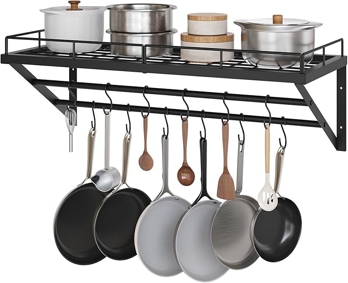 YATINEY Pot Rack, 30 Inch Wall Mounted Pot Rack, Kitchen Pot and Pan Organizer with 2 Tier Hanging Rails, 12 S-Hooks, Space Saving, for Kitchen Cookware Organizer, Black PR02BK by Yatiney