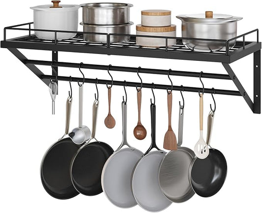 YATINEY Pot Rack, 30 Inch Wall Mounted Pot Rack, Kitchen Pot and Pan Organizer with 2 Tier Hanging Rails, 12 S-Hooks, Space Saving, for Kitchen Cookware Organizer, Black PR02BK by Yatiney