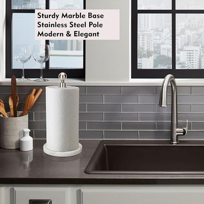 Paper Towel Holder Countertop, Standing Paper Towel Roll Holder for Kitchen Bathroom, with Weighted Base for One-Handed Operation (Marble Base, Brushed Nickel) - Image 7