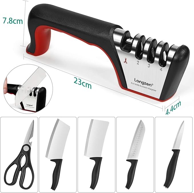 Longzon 5-in-1 Knife Sharpener 4 Stage with Cut-Resistant Glove, Quickly Sharpens & Restores Dull Blades, Easy & Safe for Home Kitchen Use, Fits Most Knives and Scissors, Black+Red - Image 3