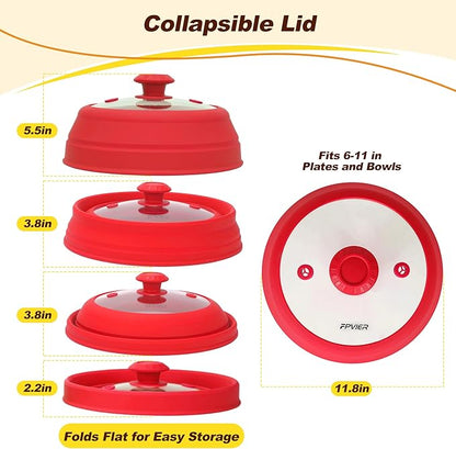 Microwave Splatter cover, Glass Microwave Cover for Food, 11.8 inch Guard Lid with Collapsible Silicone for 6-11 inch Plates & Bowls, Dishwasher Safe, 450°F Heat Resistant, BPA-Free, Red