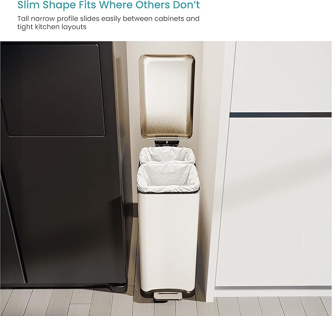Home Zone Living 13 Gallon Slim Kitchen Trash Can with Dual Compartments for Recycling, Stainless Steel, White, 50 Liters Total