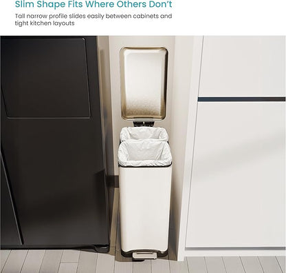 Home Zone Living 13 Gallon Slim Kitchen Trash Can with Dual Compartments for Recycling, Stainless Steel, White, 50 Liters Total