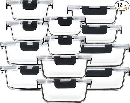 FAWLES 12 Pack Glass Meal Prep Containers with Airtight Lids, Leak-Proof Food Storage Containers, Dishwasher/Microwave/Oven/Freezer Safe Glass Containers for Lunch, Leftovers, to Go (Grey)