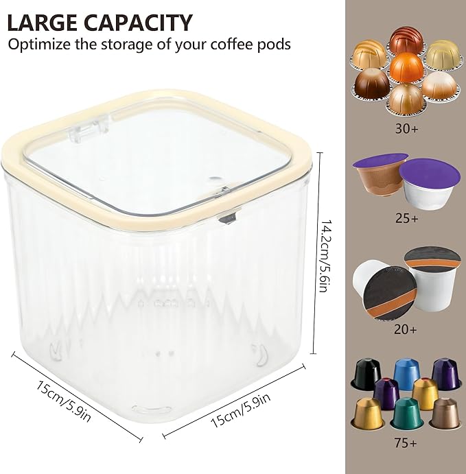 Coffee Pod Holder with Press-Top Lid, Clear BPA-Free Plastic Coffee Capsule Storage Bin Compatible with Nespresso & Keurig K-Cup Pods, Space Saving for Kitchen, Office, Pantry