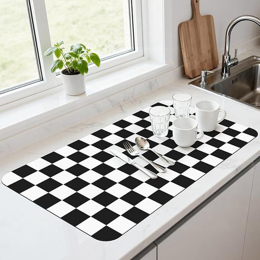 17" x 32" Checkered Dish Drying Mat for Kitchen Counter, Absorbent Coffee Bar Mat for Espresso Machine Coffee Countertops Accessories, Black by Unknown