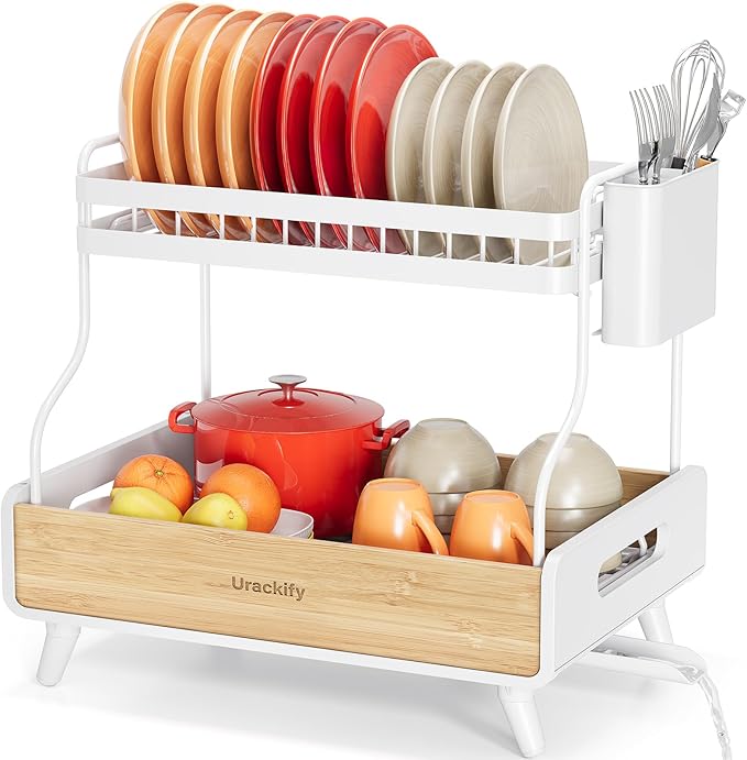 Urackify 2-Tier Dish Drying Rack, Large Stainless Steel & Bamboo Dish Rack for Kitchen Counter, Dish Drainers with Adjustable Automatic Spout, Drying Rack Kitchen with Utensil Holder, White by Urackify