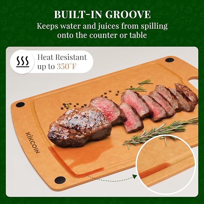 Kikcoin Wood Cutting Board, Cutting Boards for Kitchen Dishwasher Safe Non-slip Chopping Board with Juice Groove, Wood Fiber Composite Cutting Board with Handle, 17.3"*12.8" - Image 4