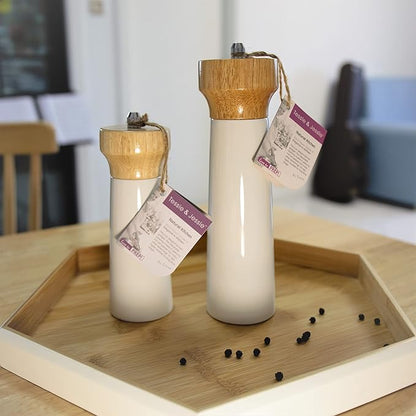 White Salt Grinder Wooden Pepper 8"+6" Salt Grinder Set Pepper Mill Salt & Pepper Shakers - Stainless Ceramic Refillable Stylish for Sea Salt Black Pepper -By Tessïe & Jessïe Lighthouse
