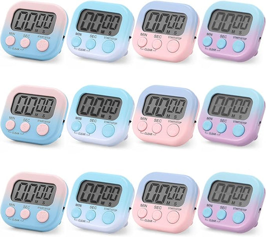 Weewooday 12 Pcs Digital Kitchen Magnetic Timer Bulk Classroom Count up Countdown Timer Large Digits Egg Loud Alarm Cute Desk Stopwatch for Teacher Kids Cooking Office(Pink and Blue,Gradient Style)