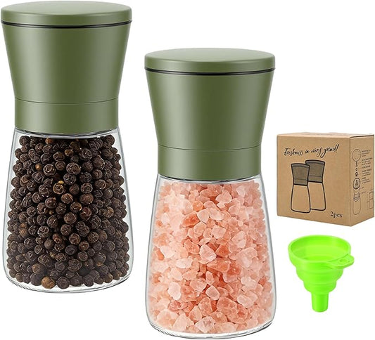 R DRURLCD Sage Green Stainless Steel Sea Salt and Pepper Grinder Set of 2 - Adjustable Ceramic Glass Salt and Pepper Shakers - Kitchen Pepper Mill & Salt Mill W/Funnel