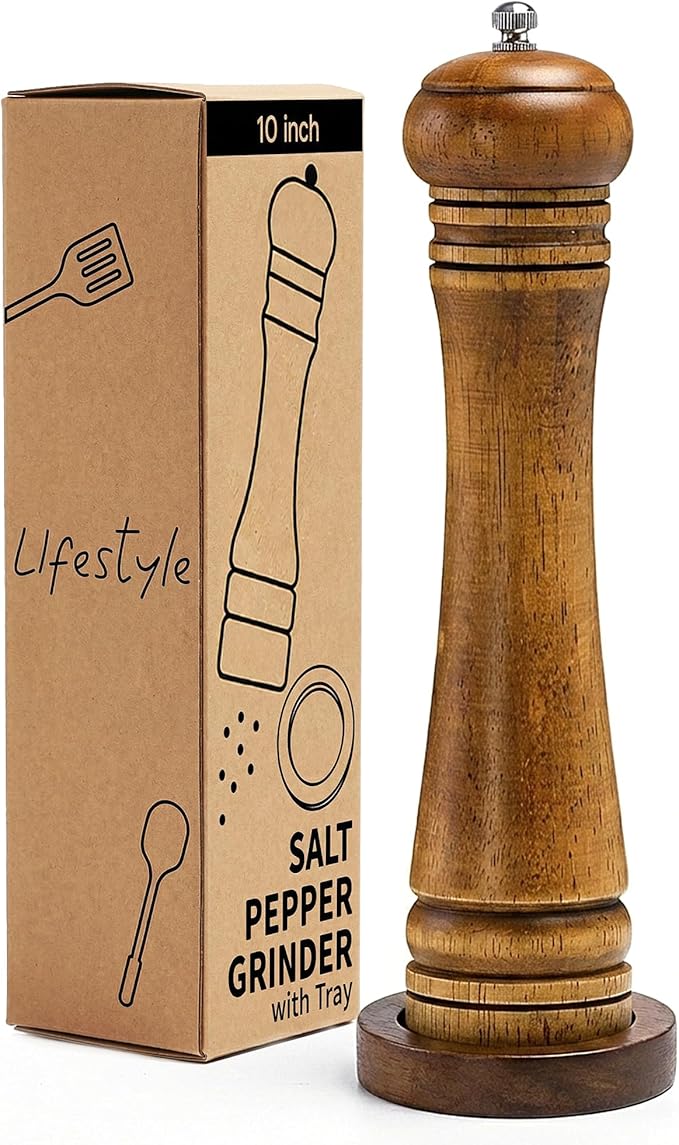 Wood Salt and Pepper Grinder, Salt Grinder and Pepper Mill, Oak Wood Shakers with Adjustable Ceramic Grinders (10″ - 1 Pack with Tray) by MJINGMEI