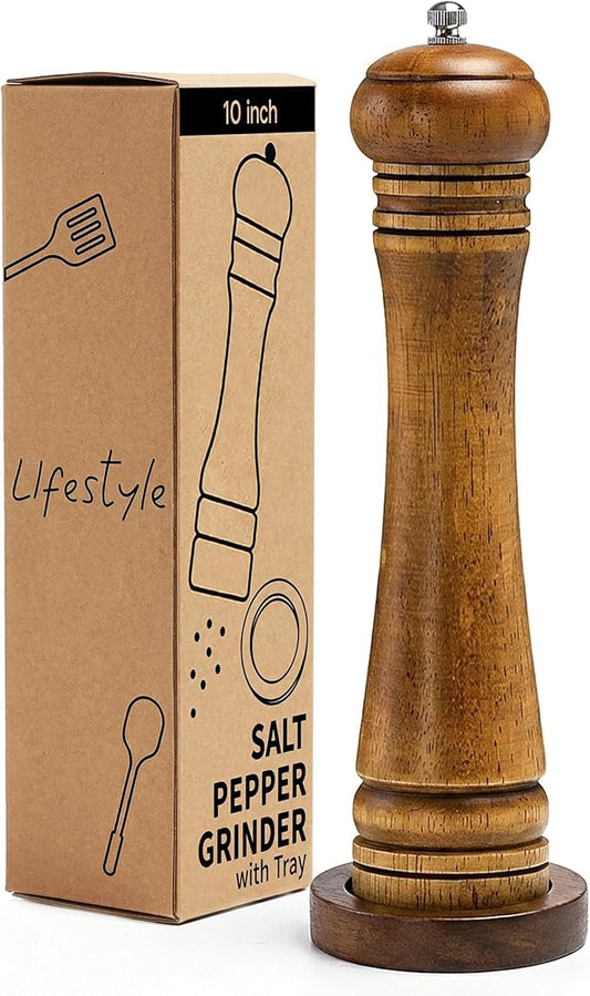 Wood Salt and Pepper Grinder, Salt Grinder and Pepper Mill, Oak Wood Shakers with Adjustable Ceramic Grinders (10″ - 1 Pack with Tray) by MJINGMEI