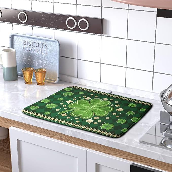 St Patricks Day Drying Mat for Kitchen Counter Shamrock Dish Drying Mats Lucky Clovers Green Plaid Dish Dryer Pad Absorbent Reversible Dish Drainer Rack Mat Kitchen Accessories 16x18 Inch - Image 5