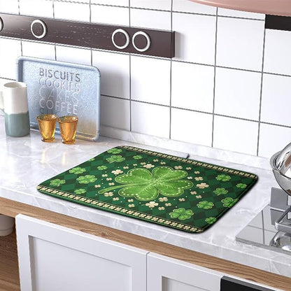 St Patricks Day Drying Mat for Kitchen Counter Shamrock Dish Drying Mats Lucky Clovers Green Plaid Dish Dryer Pad Absorbent Reversible Dish Drainer Rack Mat Kitchen Accessories 16x18 Inch - Image 5