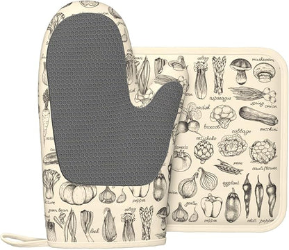 Vegetable Silicone Oven Mitts Pan Mats Set of 2, Heat Resistant Gloves Potholder with Non-Slip Grips Hanging Loops Pot Holder, Spring Summer for Chef Cooking, Baking, Grilling, BBQ