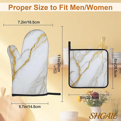 White Gold Marble Oven Mitts and Heat Resistant Pads - Heat Resistant Gloves Potholder Set of 4 for Cooking, BBQ, Gifts for Women