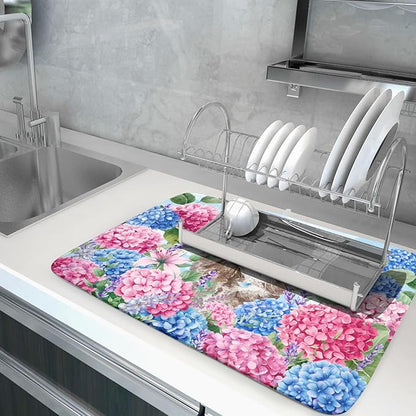 Cute Cat Dish Drying Mats for Kitchen Counter Hydrangea Floral Absorbent Drying Dishes Mat Large 18 X 24 - Image 5
