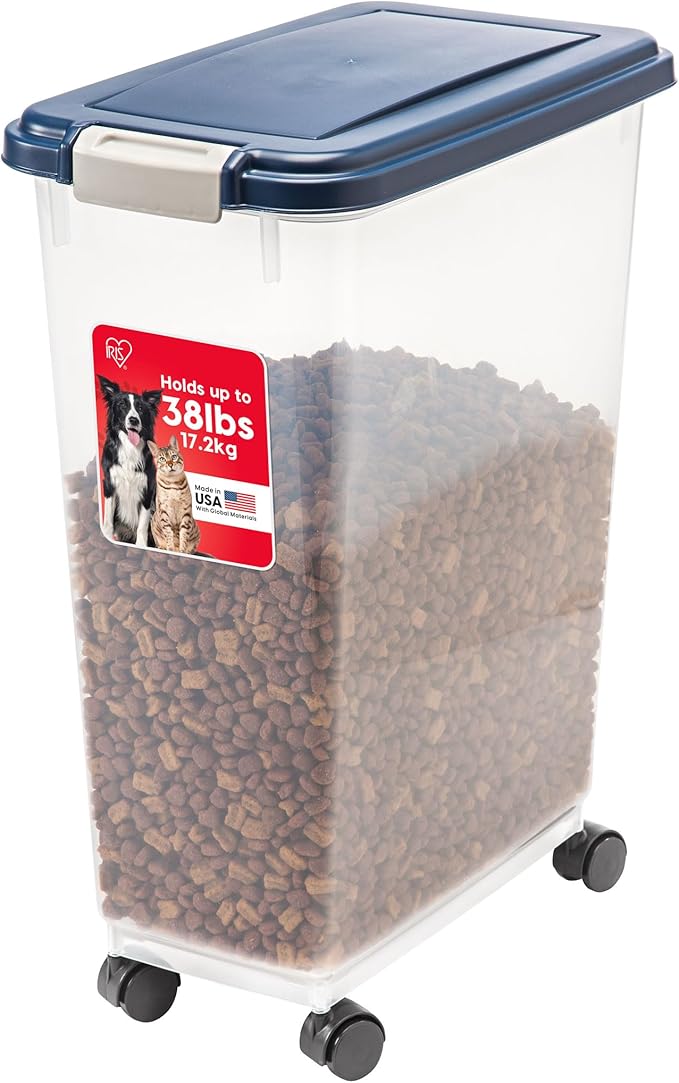 IRIS USA Dog Food Storage Container 38 lb, Airtight Large Pet Food Storage Bin with Wheels, for Dog Cat Bird Chicken Food, Holds Up to 38 Lbs, Keep Fresh, BPA Free, Made in USA, Navy by IRISUSA
